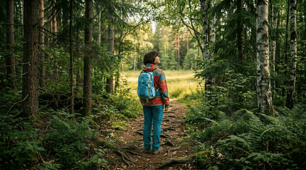 Person standing on rocky mountain trail looking at expansive mountainous landscape