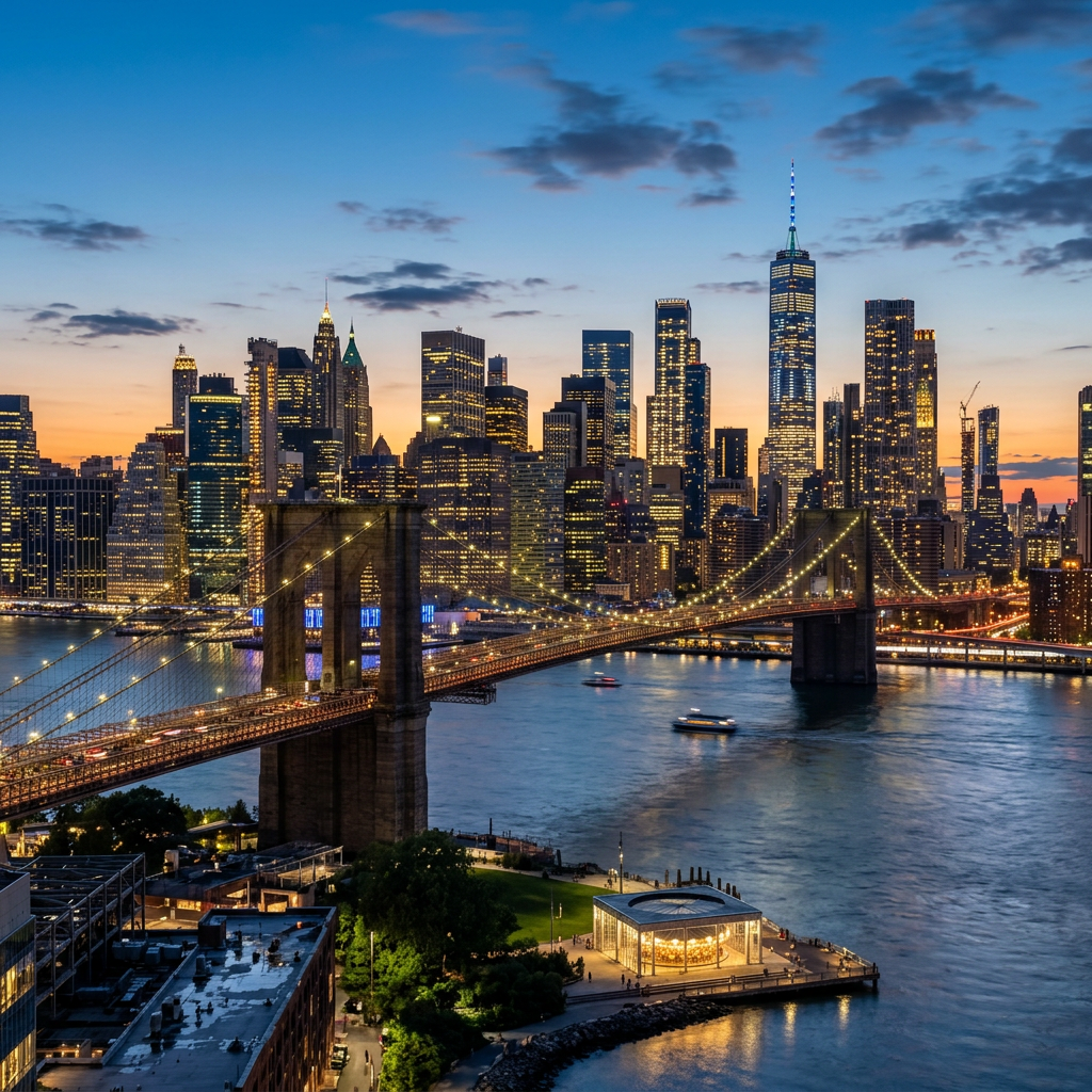 Brooklyn Bridge lit up at dusk spanning East River with Manhattan skyline and One World Trade Center in view